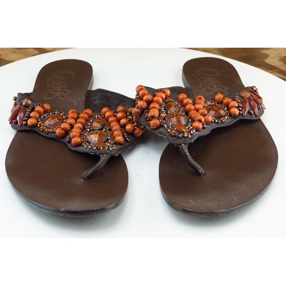 Carlos Santana Sz 8 M Brown Flip Flop Leather Women Sandals Tahiti - Picture 2 of 8